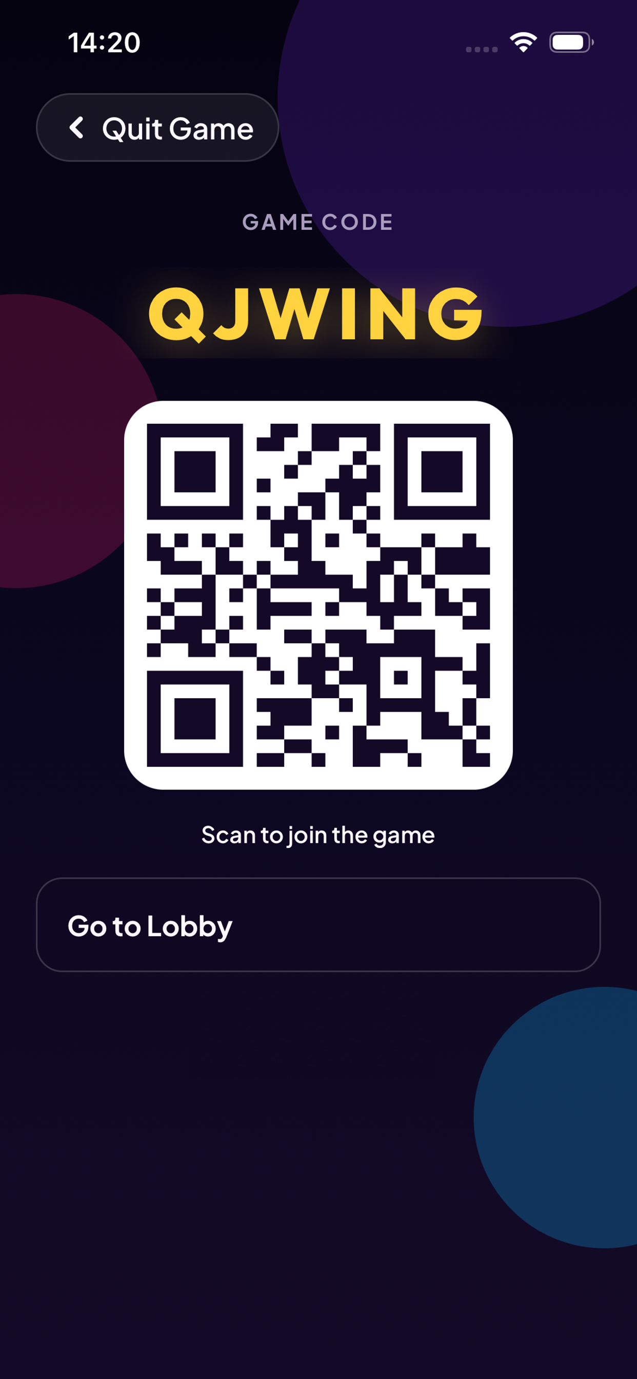 QuizJam join screen showing a game code and QR code
