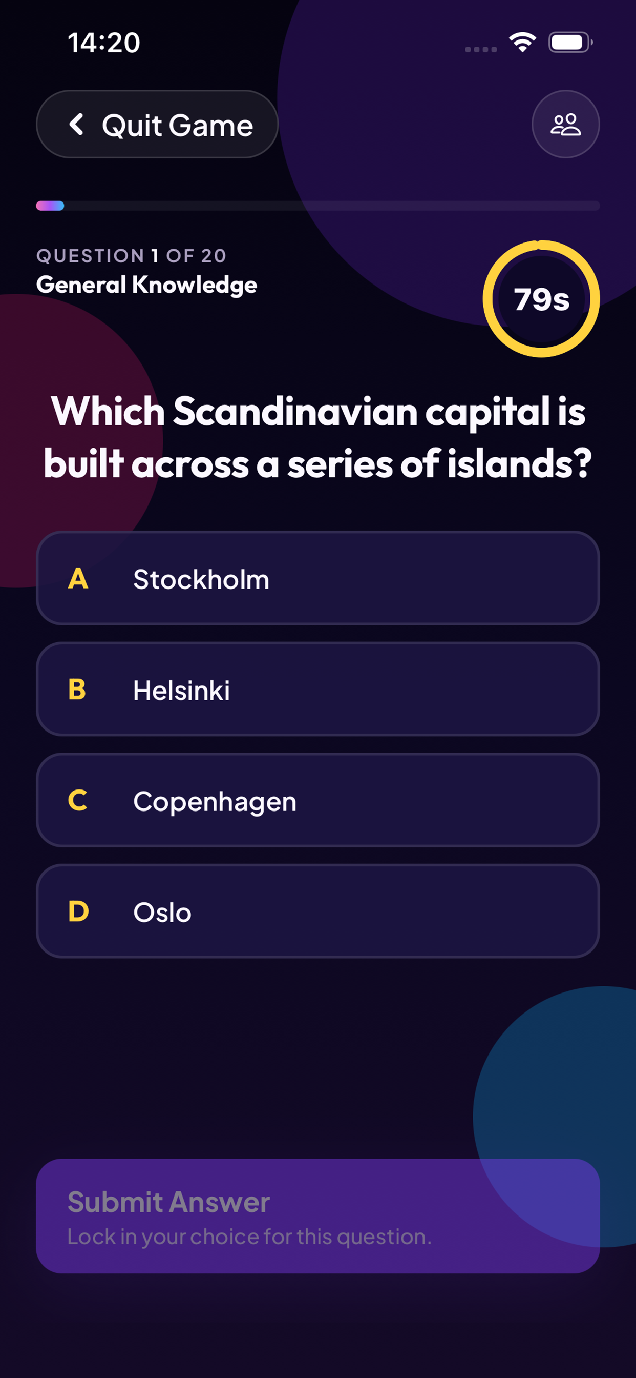 QuizJam live question with multiple-choice answers and a countdown timer